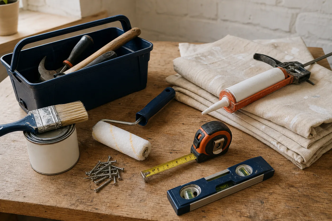 Handyman tools, paintbrush, sealant and toolbox on a workbench